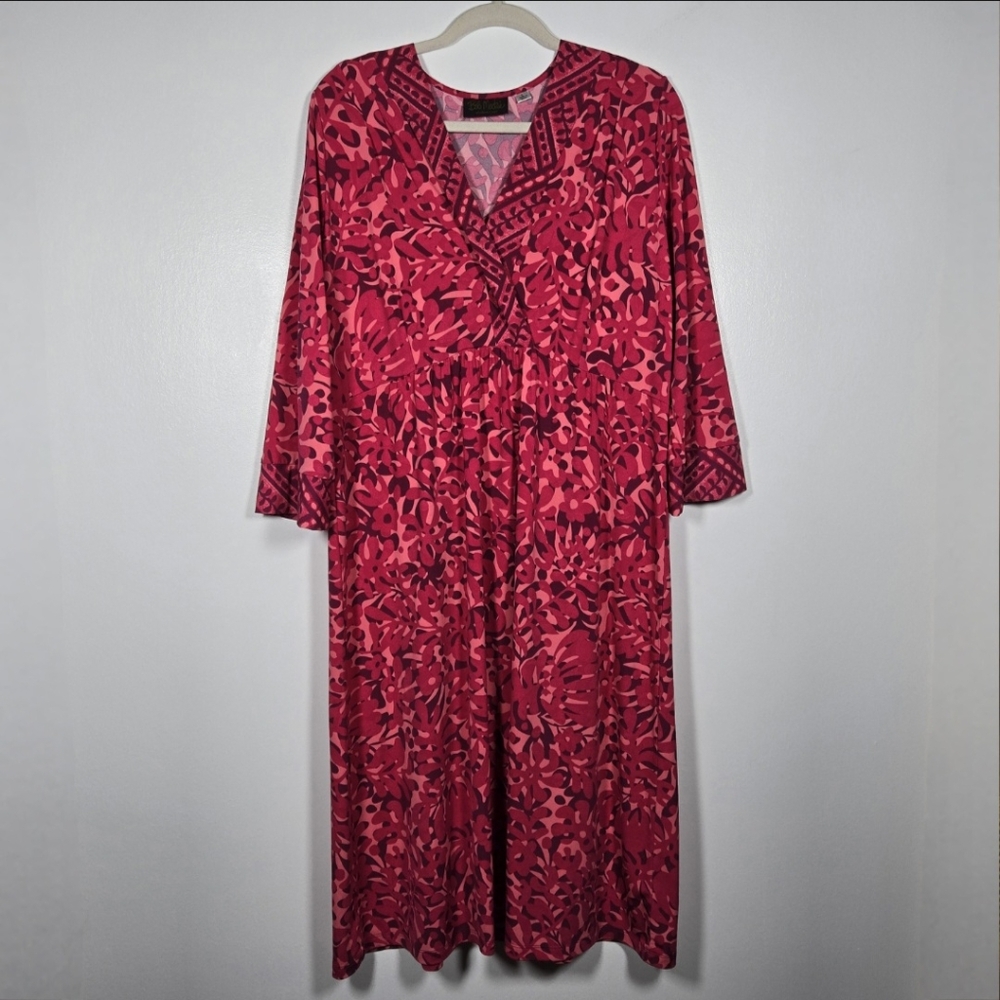 Bob Mackie Batik Pink Purple Floral Leaf Print V-Neck Stretch Dress Size Large